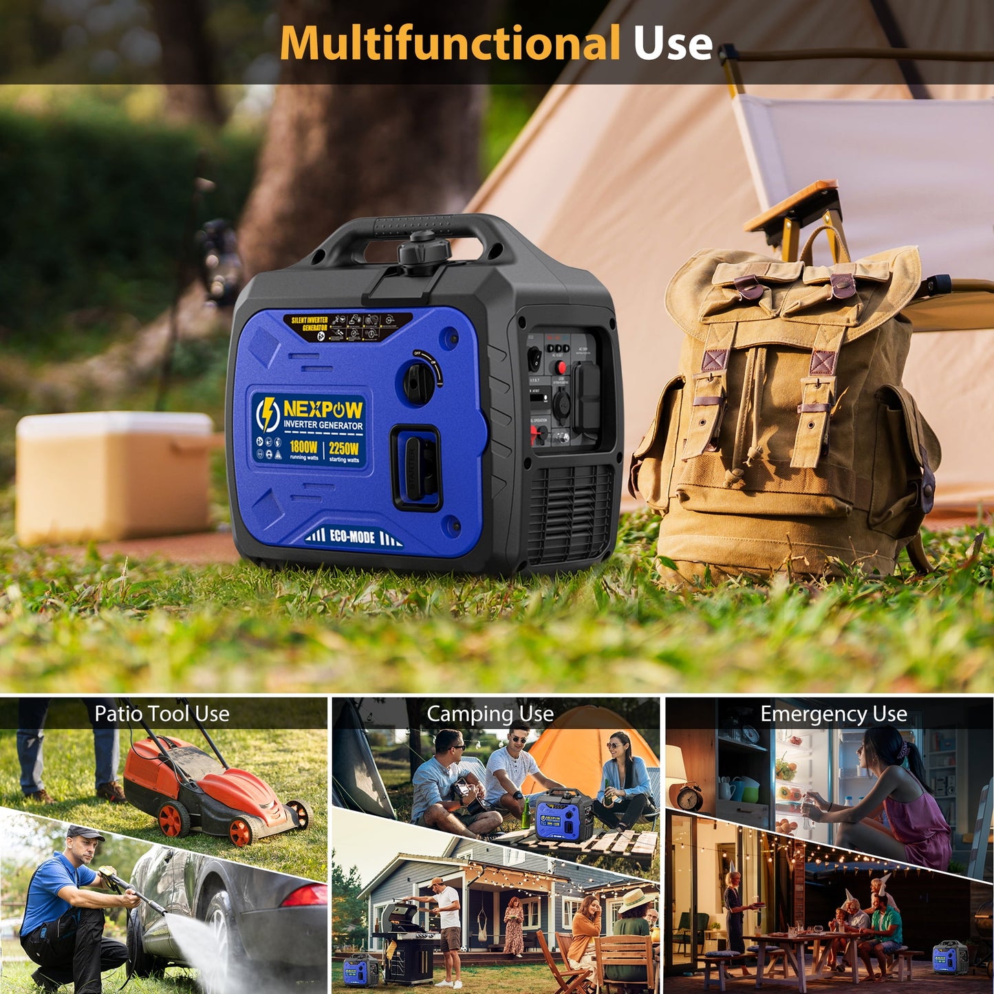 NEXPOW 2250W Portable Inverter Generator, Gasoline Power Quiet Lightweight for Backup Home & Camping, Eco-Mode Feature, Parallel Capability, EPA Compliant