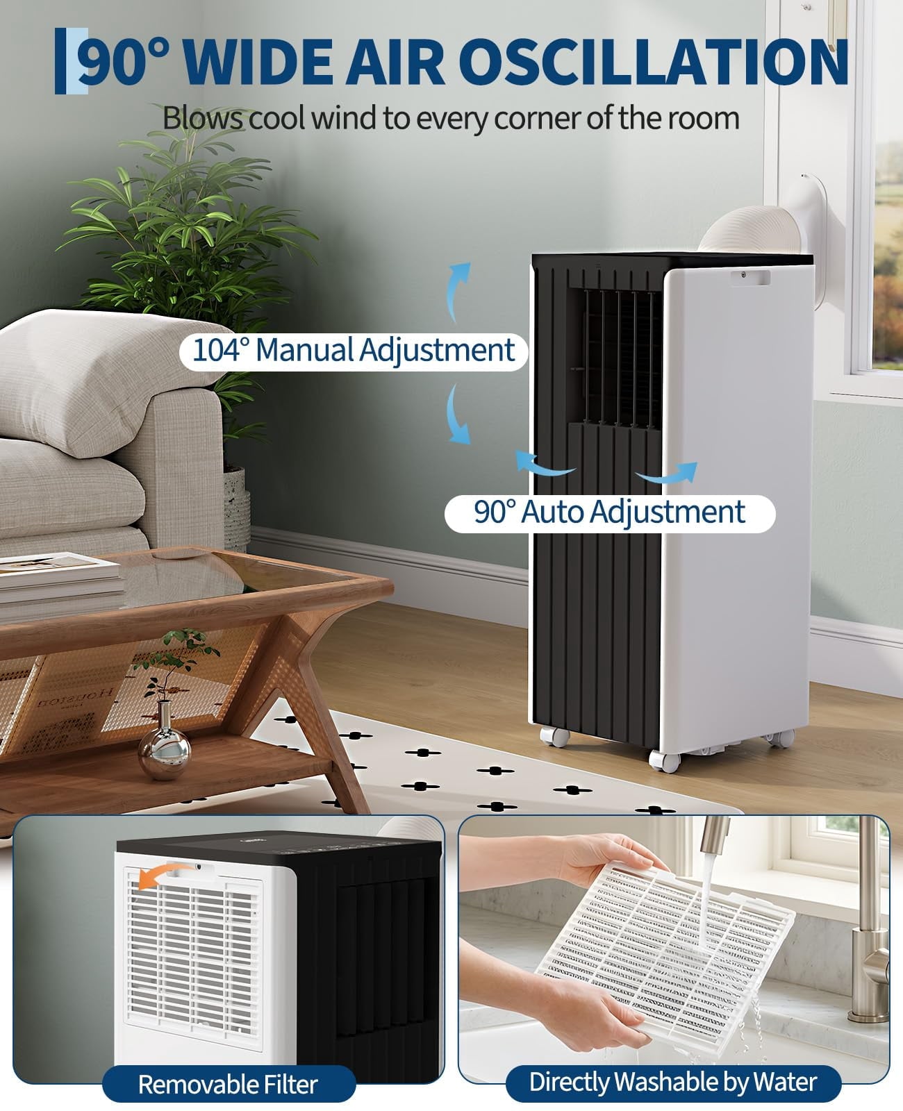 JoanKaren 8000 BTU Portable Air Conditioner Up to 350 Sq. Ft. 3-in-1 AC Unit with Cooling,Dehumidifier & Fan,Energy-Saving,24-Hr Timer,Full Window Kit,Black Top