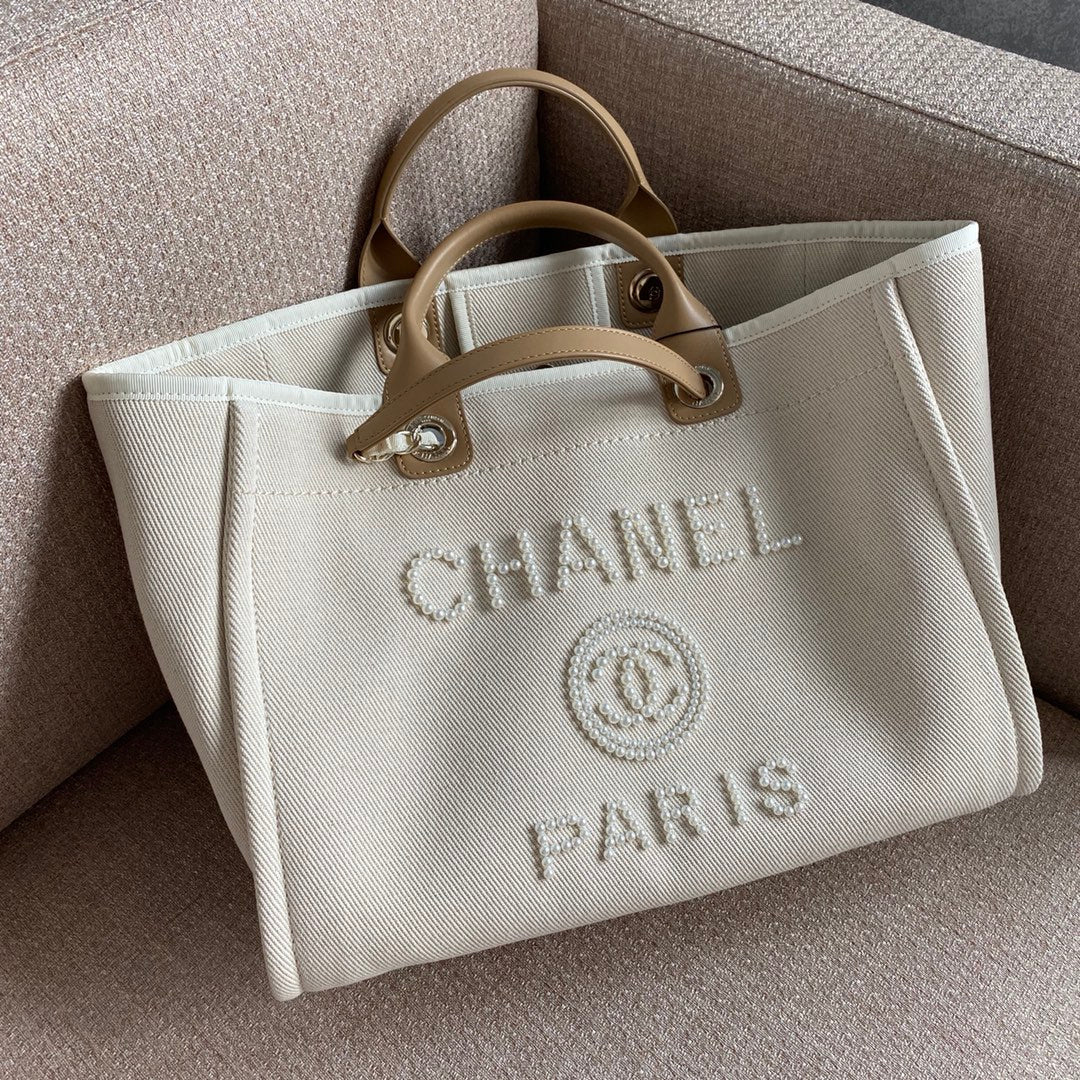 Chanel Deauville Tote 40cm Tweed Bag with Pearl Embroidery Spring/Summer Collection White