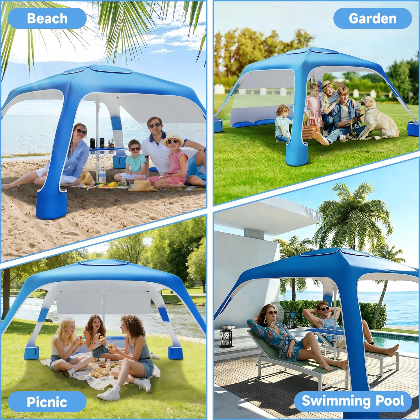 Beach Canopy Cabana with 4 Corners, 6.5'×6.5' Tent Sun Shelter, Adjustable Height Beach Umbrella Tent with Side Wall, Blue Gradient