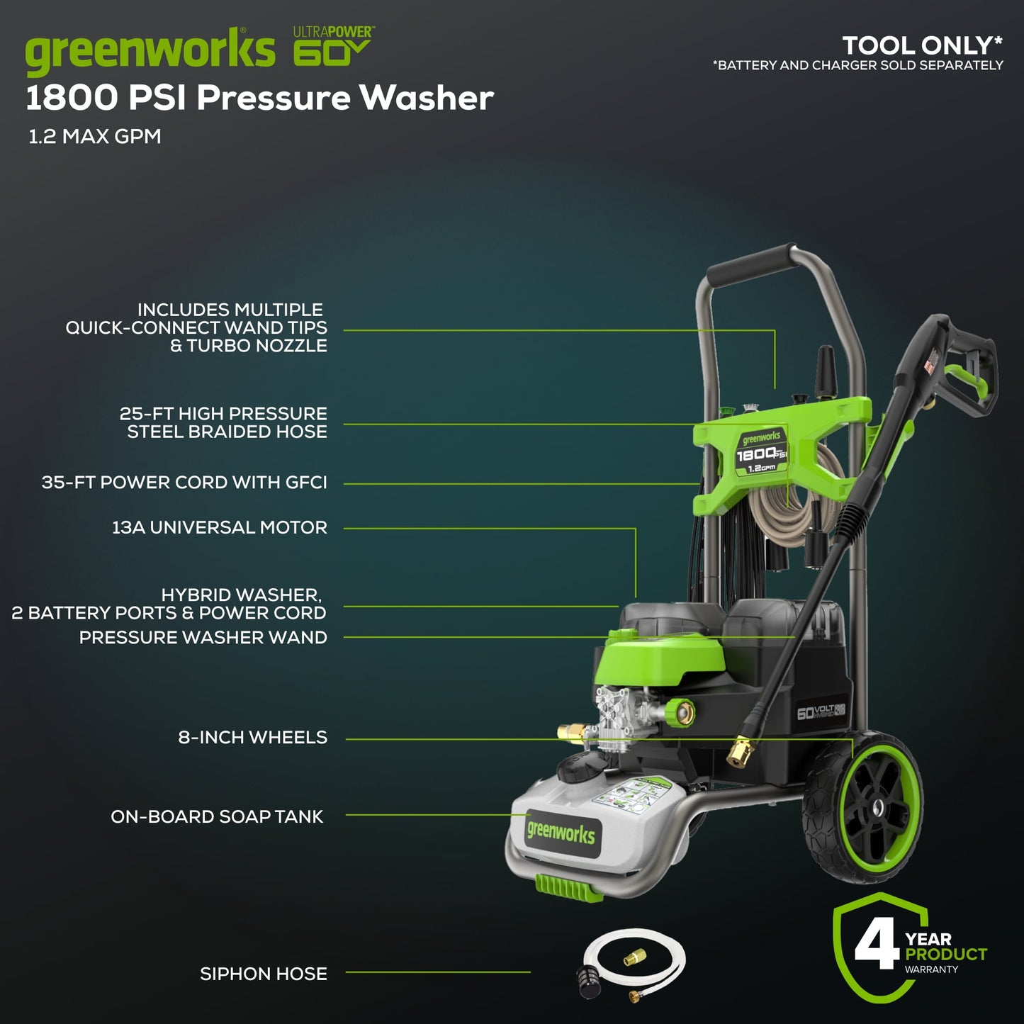 Greenworks Hybrid 60V 1800 PSI at 1.2 GPM Electric Cold Water Pressure Washer 5109402T