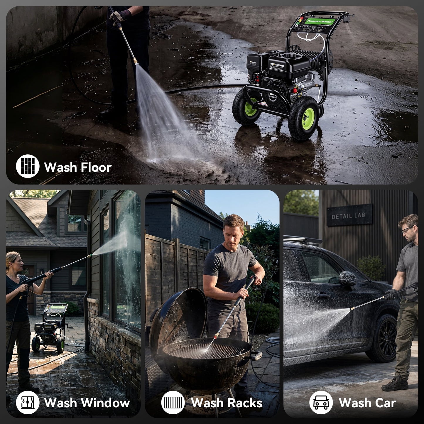 Professional 4200PSI 4GPM 212CC Gas Pressure Washer, 10" Wheels 33FT Hose Reel 800ML*2 Foam Bottle 5 Nozzles 3600RPM 7.0HP Commercial/Household Gas Power Washer for Cleaning (EPA/CARB/ETL Compliant)