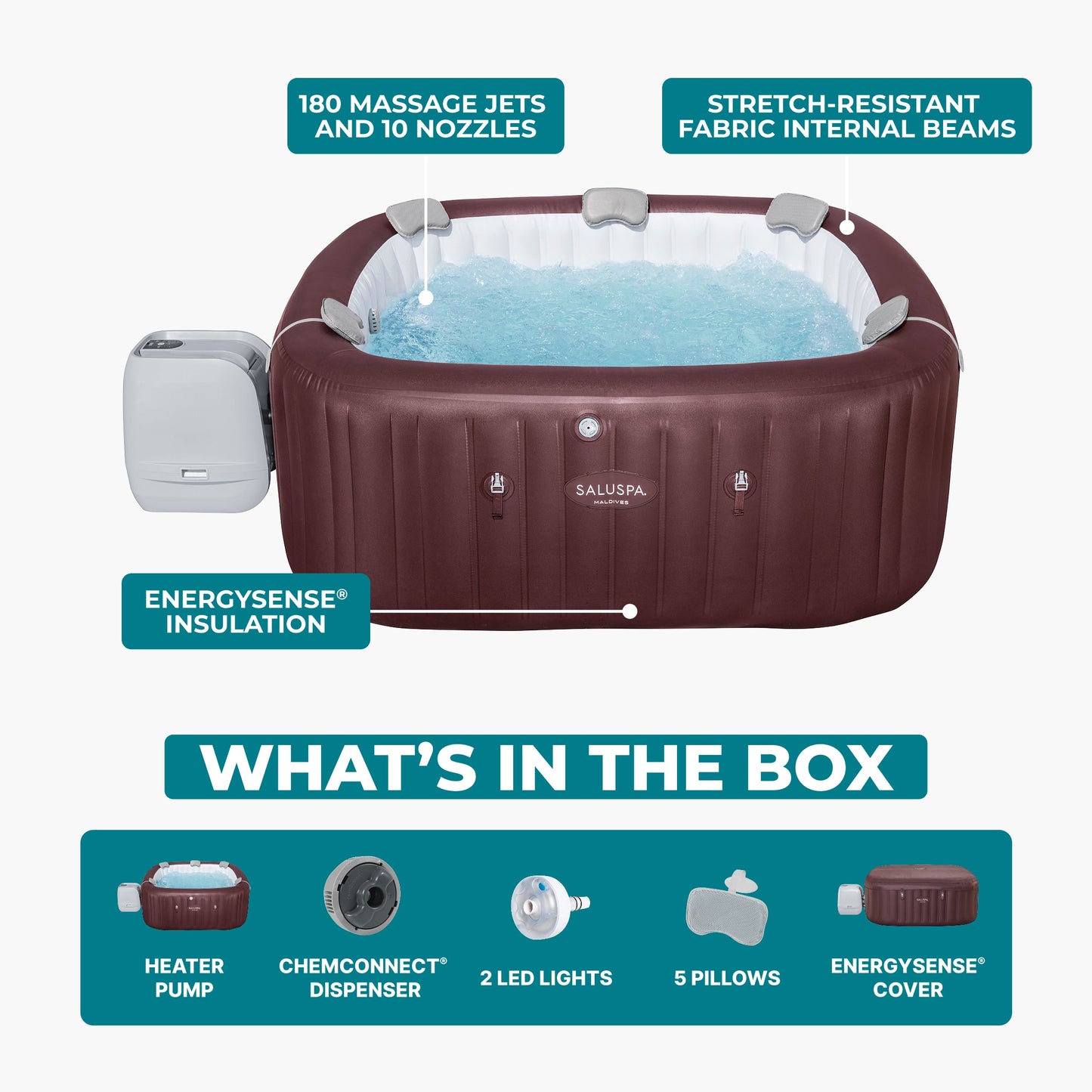 SaluSpa Maldives Energy-Efficient Smart HydroJet Pro Inflatable Hot Tub with App Control 5-7 person