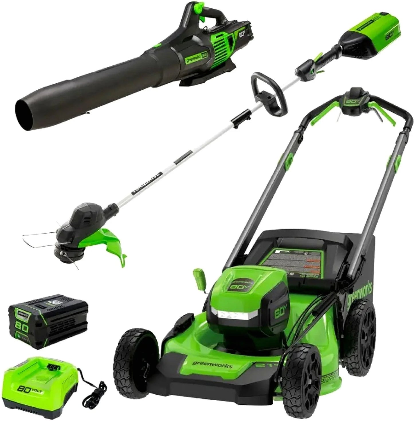 Greenworks 80V Cordless 21-Inch Self-Propelled Lawn Mower, 13-Inch String Trimmer, &amp; 730 CFM Leaf Blower Combo Kit