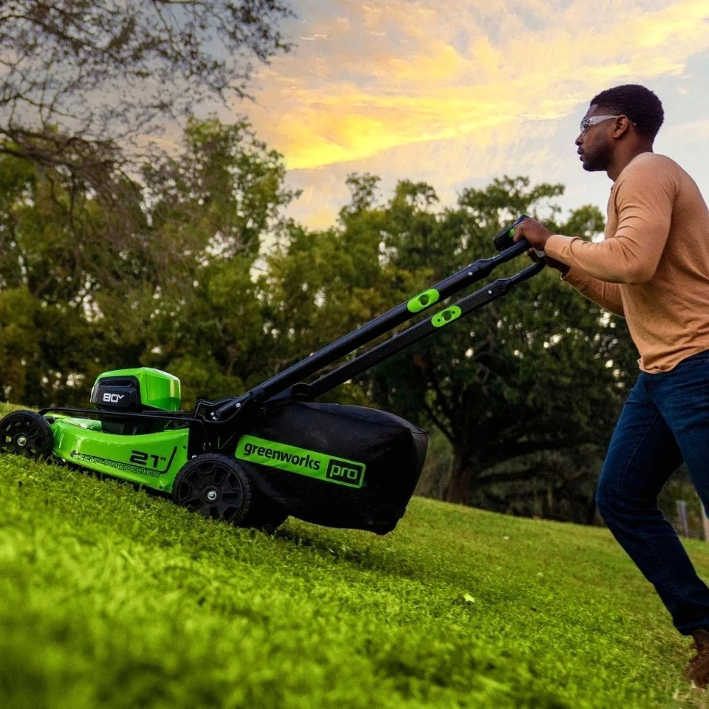 Greenworks 80V Cordless 21-Inch Self-Propelled Lawn Mower, 13-Inch String Trimmer, &amp; 730 CFM Leaf Blower Combo Kit