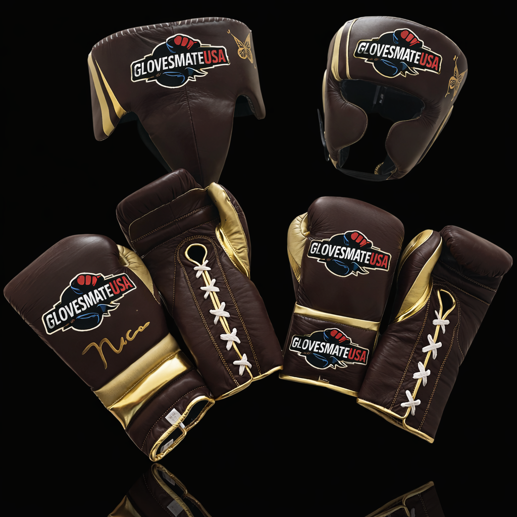 GlovesMateUSA Premium Boxing Gear Set – Lace-Up Training Gloves, Headgear & Groin Protector (Brown / Gold)
