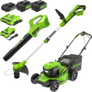 Greenworks 48V 20" Cordless Lawn Mower, Trimmer & Blower Combo Kit with Batteries