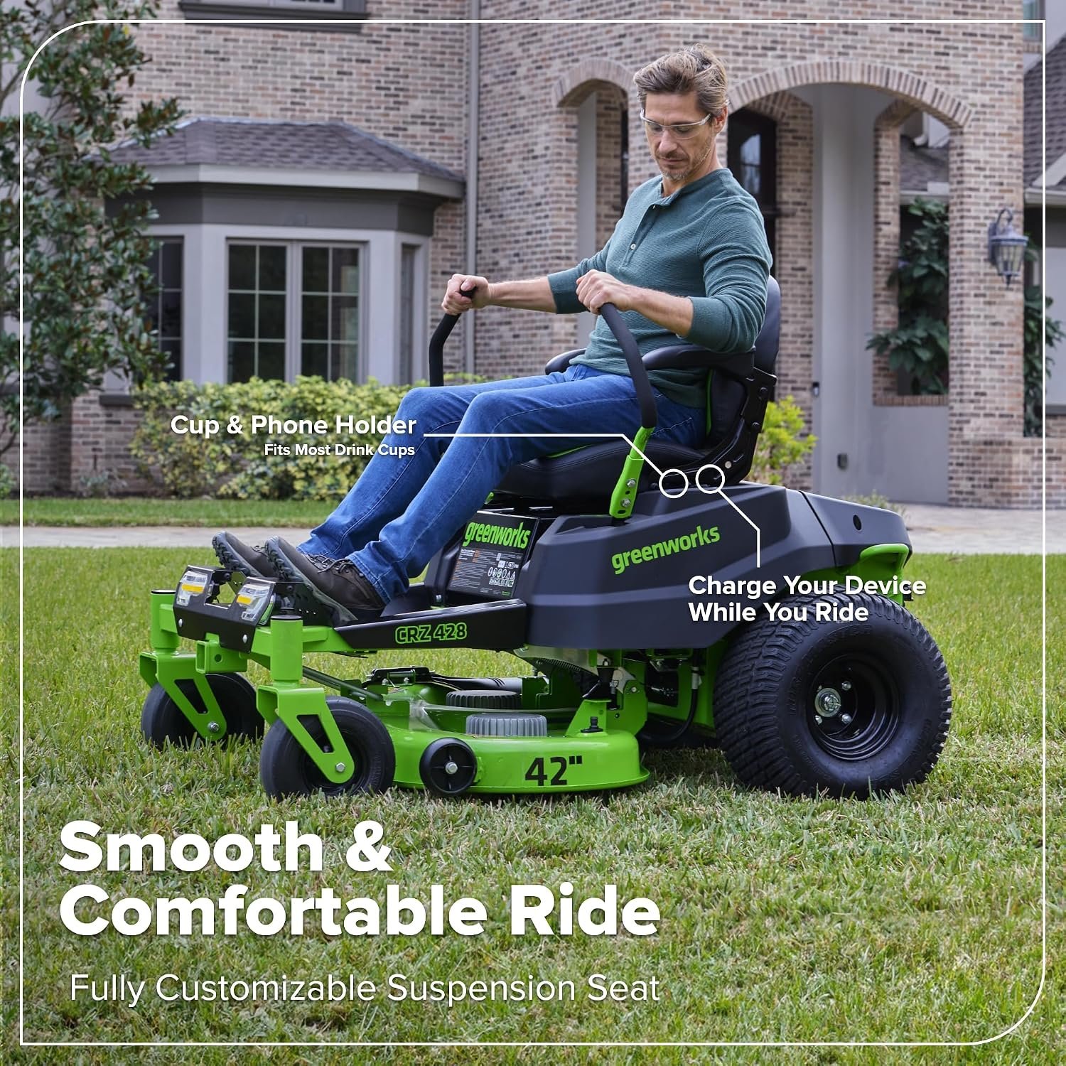 Greenworks 80V 42" CrossoverZ Zero Turn Riding Lawn Mower, (6) 6.0Ah Batteries and 600W Charger - Image 11