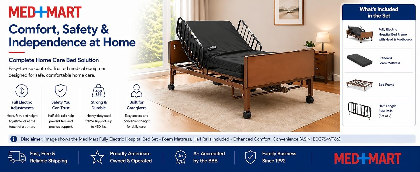 Med Mart fully electric hospital bed with foam mattress and half rails for home care