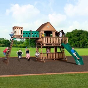 Backyard Discovery Woodridge Elite Cedar Wood Swing Set, Slide, Clubhouse, Crawl Tunnel
