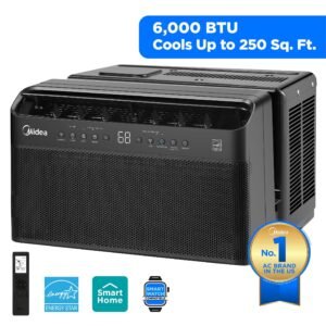 Midea 6,000 BTU Smart Window Air Conditioner, U-Shaped Inverter, Ultra Quiet, Wi-Fi, Remote, Easy Install, Energy Efficient, Cools 250 Sq Ft, Black