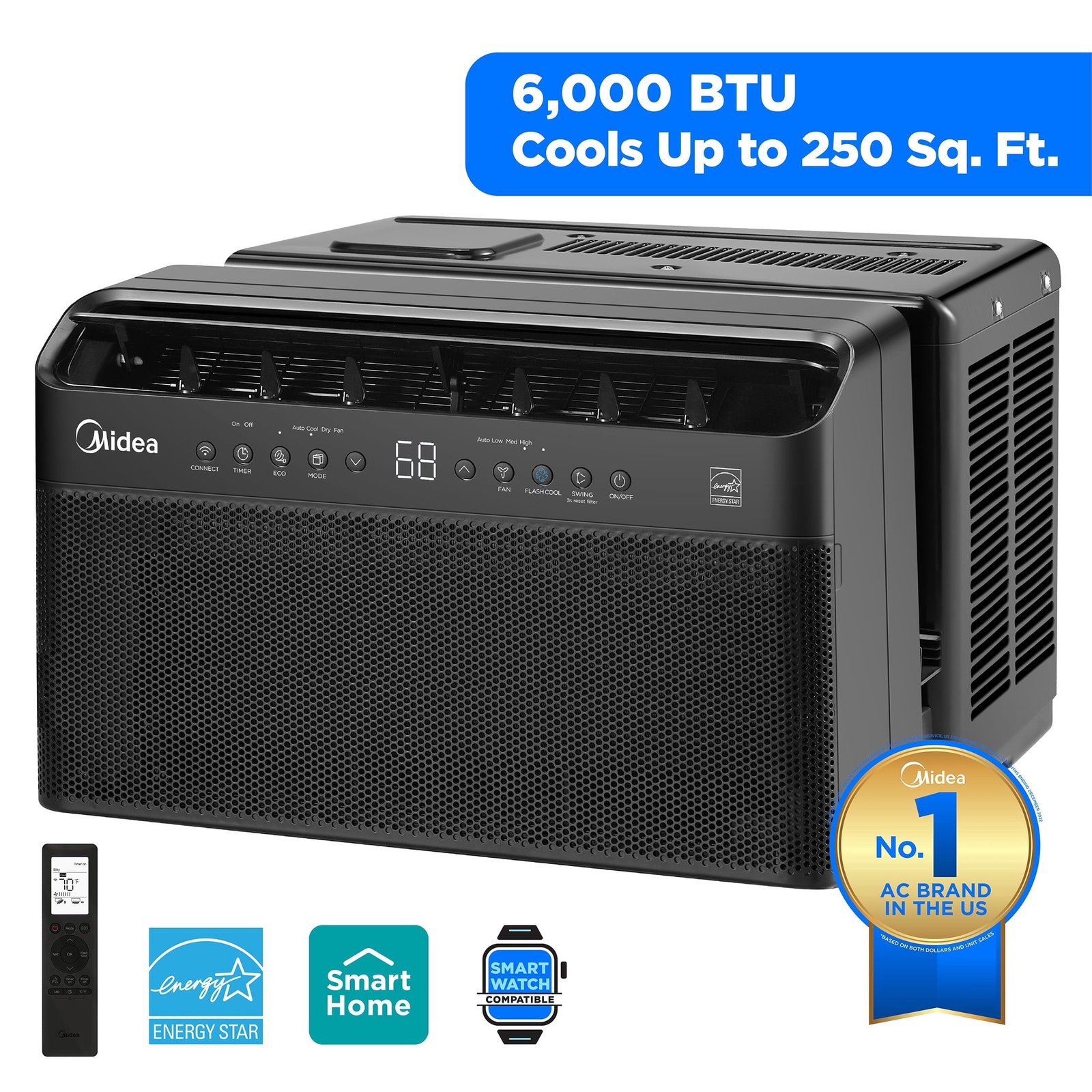 Midea 6,000 BTU Smart Window Air Conditioner, U-Shaped Inverter, Ultra Quiet, Wi-Fi, Remote, Easy Install, Energy Efficient, Cools 250 Sq Ft, Black