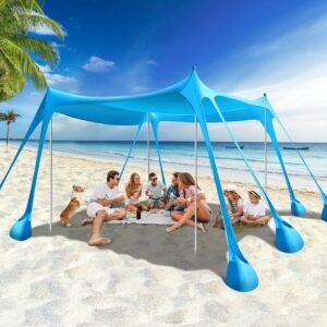 Rhino Valley Beach Tent Sun Shelter, Beach Canopy Tent Sun Shade UPF50+ Protection with 8 Sandbags 4 Stability Poles, Outdoor Beach Shade Canopy for Beach, Camping, Fishing