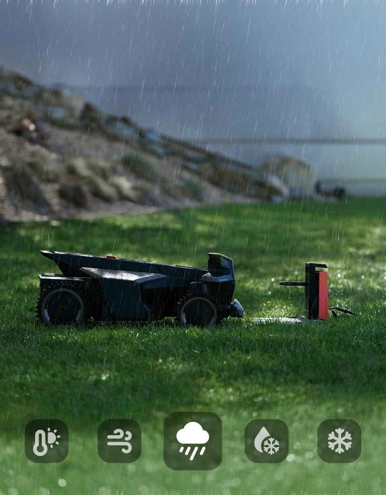 Segway Navimow i105E robot lawn mower is working in rain.