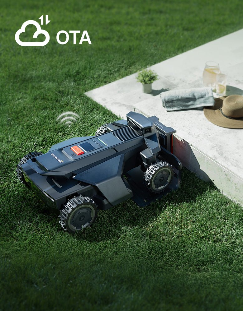 A Navimow i110N robot lawn mower on a green lawn.