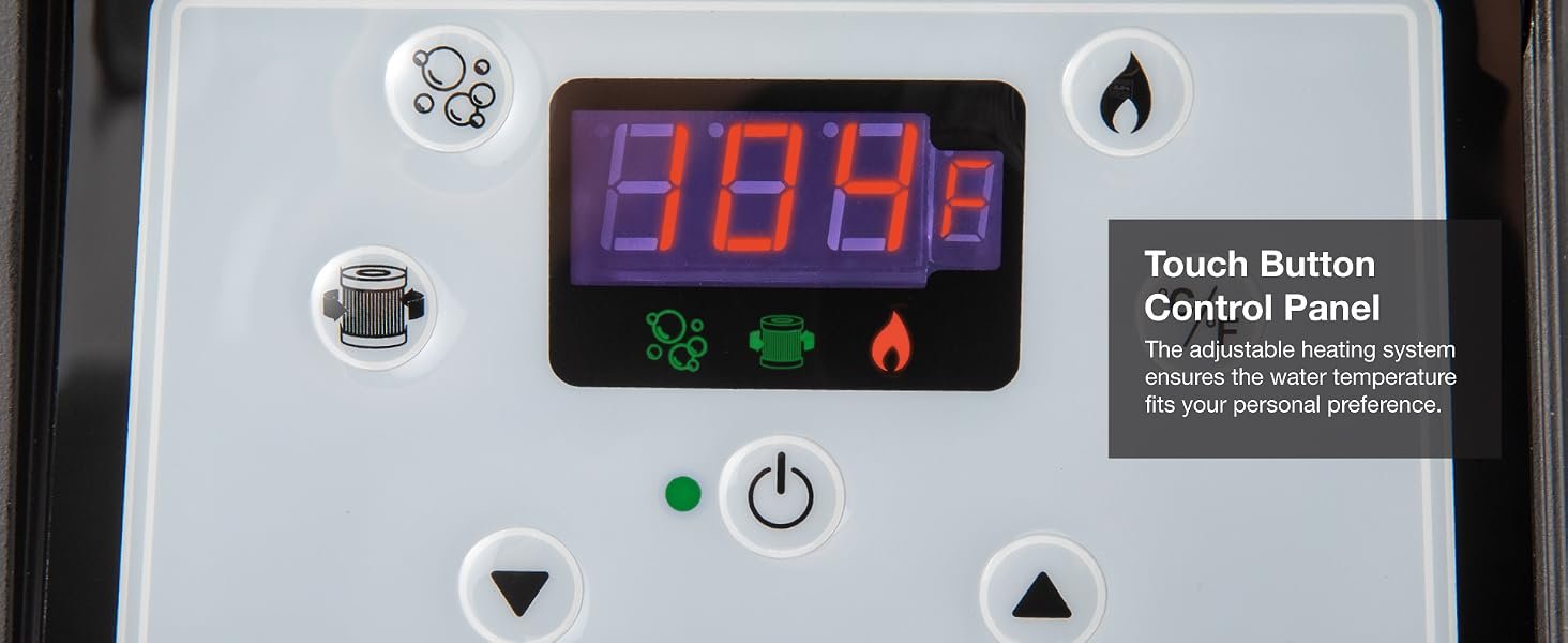 Touch panel showing 104°F with icons for heat, bubbles, filter, and temperature adjustment.