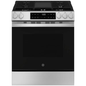 GE - 30 in. Wide 5 Burners 5.3 Cu. Ft. Slide In Gas Range with Steam Cleaning and Crisp Mode - Stainless Steel