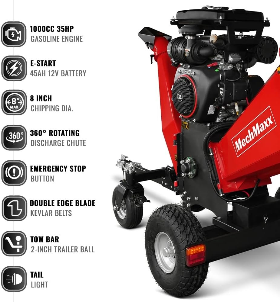 MMAX 8'' Inch ZONSEN 1000cc 35hp Electric Start Gasoline Powered Engine 4-Wheels Towable Wood Chipper Shredder Mulcher with Towbar/Tail Light/Emergency Stop Switch, Model B200 - Image 2