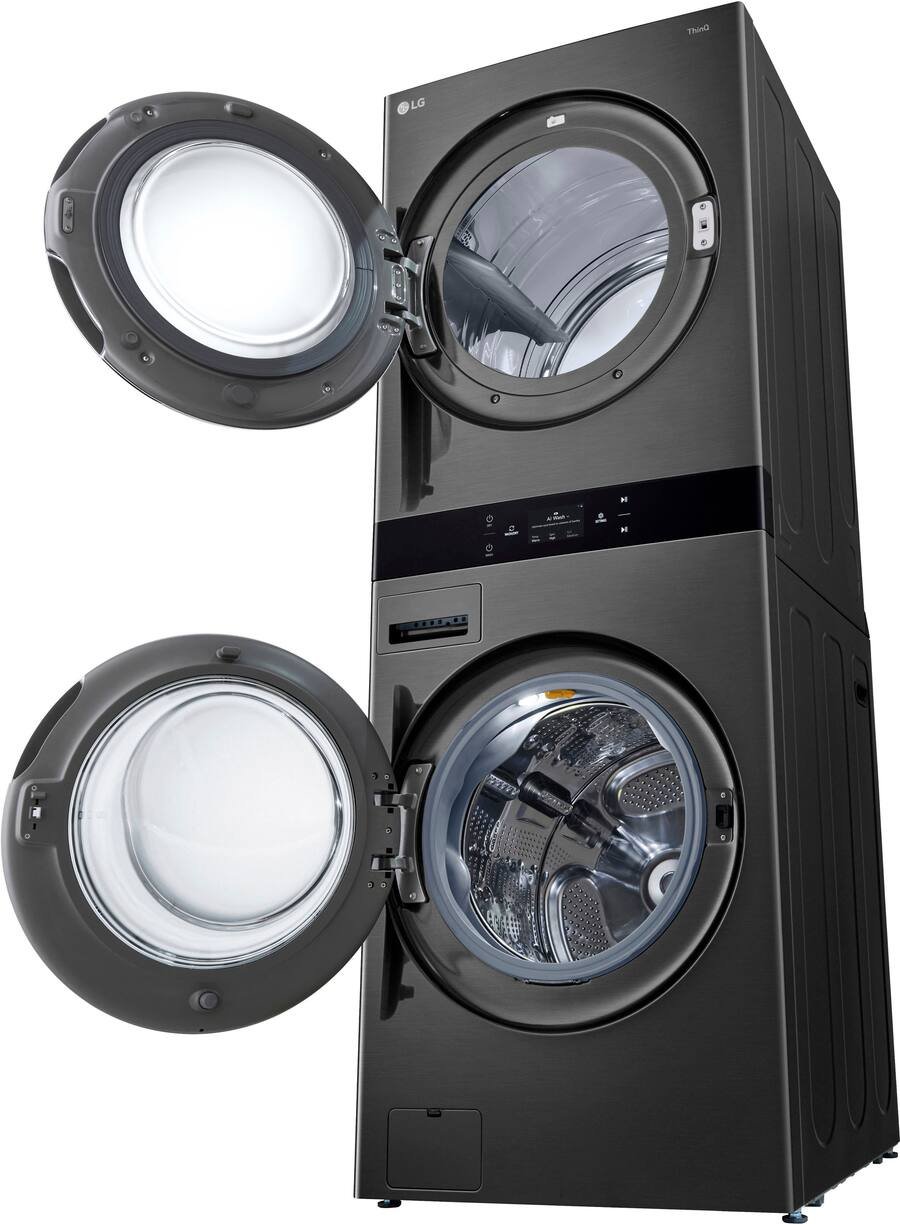 LG - 5.0 Cu. Ft. HE Smart Front Load Washer and 7.4 Cu. Ft. Electric Dryer WashTower with Steam and Center Control - Black Steel