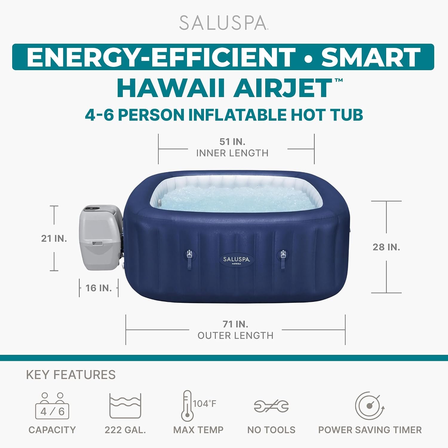 Bestway SaluSpa Hawaii 4 to 6 Person Inflatable Hot Tub, Square Energy-Efficient Portable Outdoor Spa with 140 AirJets, 71" x 28" - Image 2