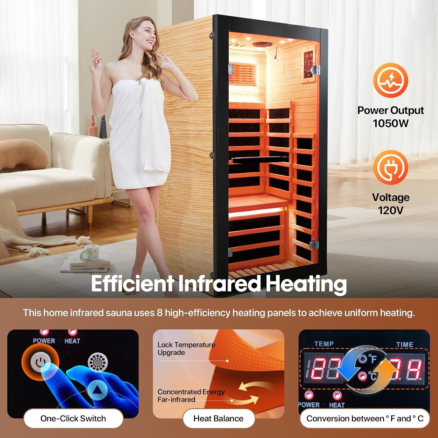 OUTEXER Sauna One Person Far Infrared Saunas Room Chilean Pine Wood 1050W - Image 4