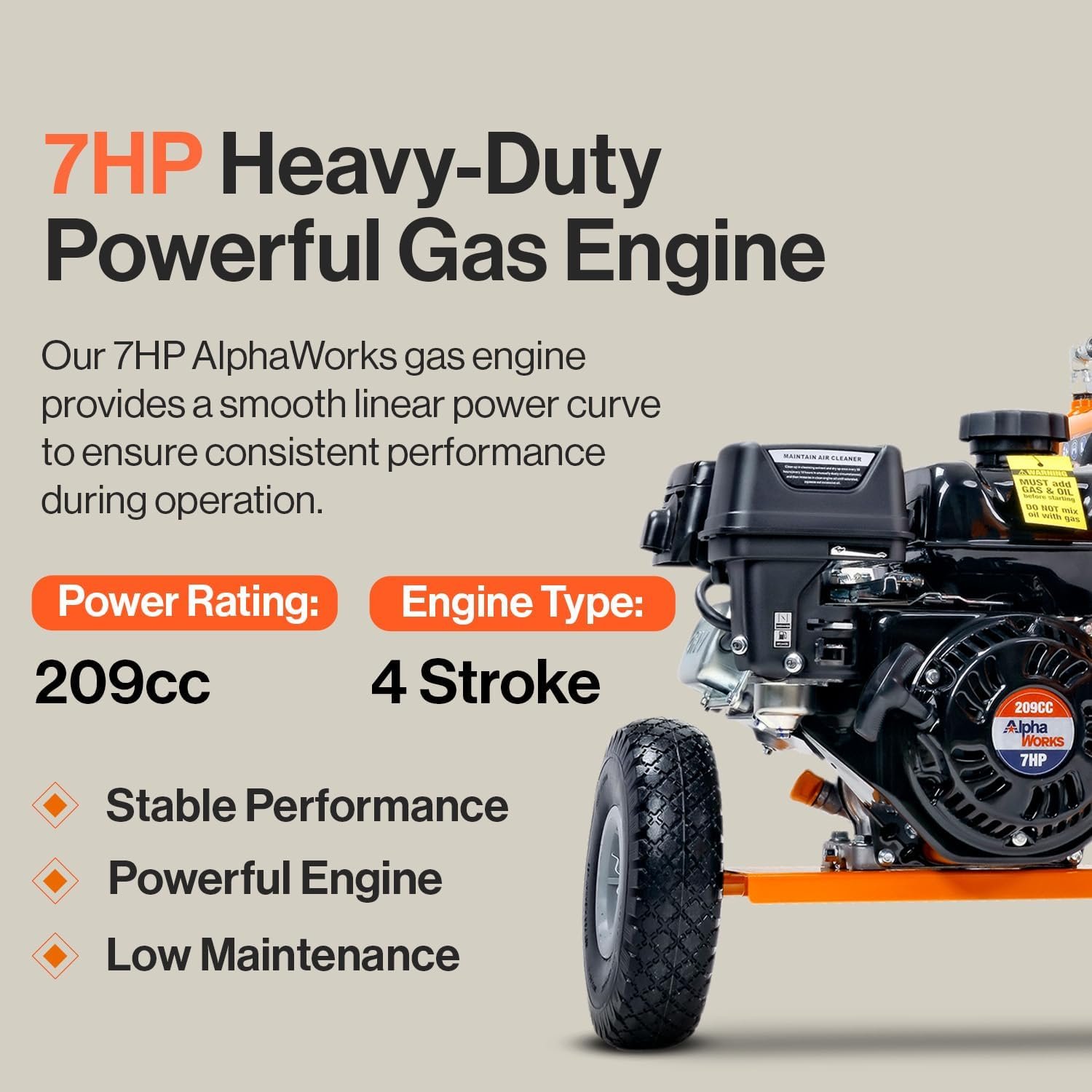 SuperHandy Log Splitter Portable 20 Ton Rapid Auto Return Ram System Bucher Gear Pump 7HP Engine Horizontal Full Beam Steel Wedge Firewood Splitting Forestry Harvesting - Image 3