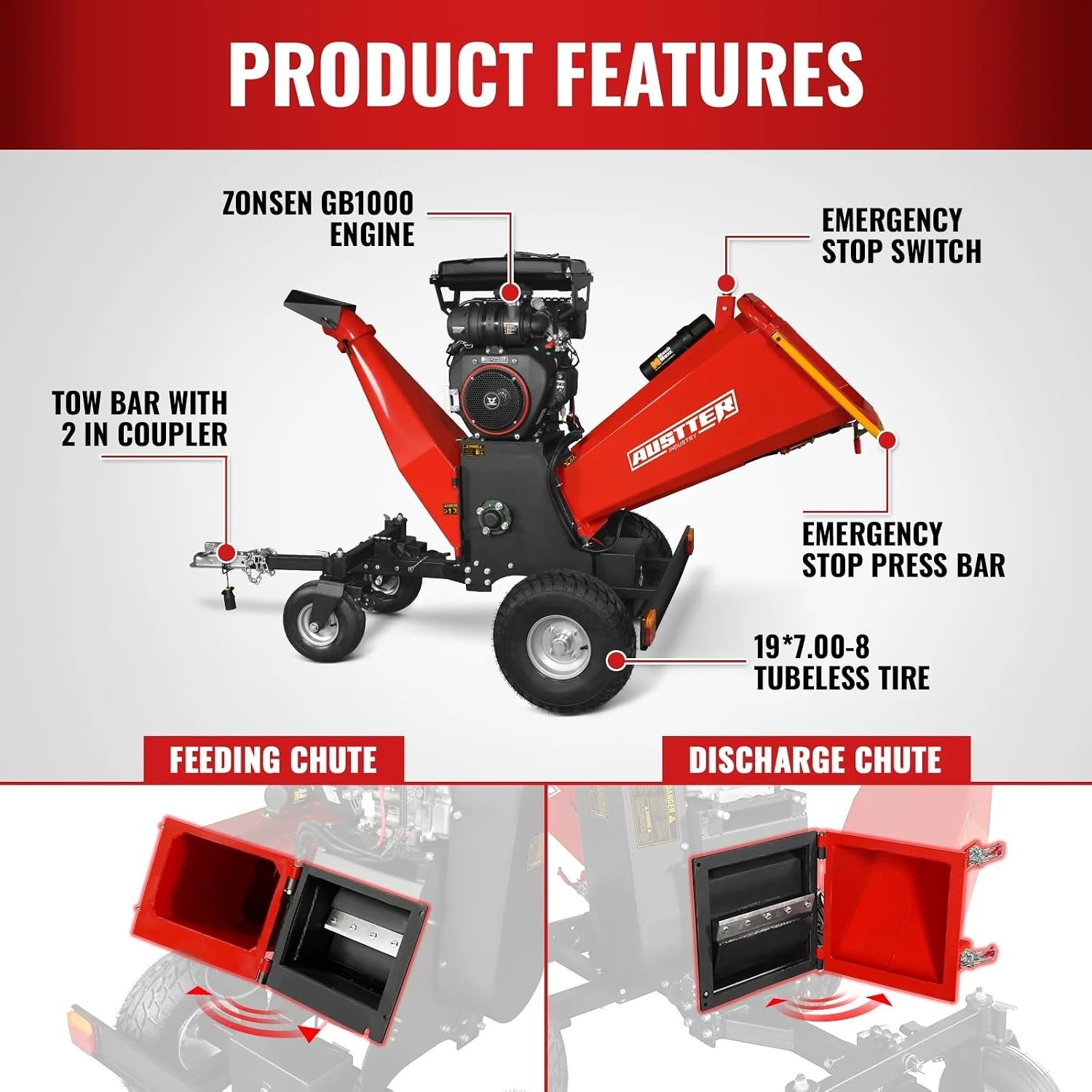 MMAX 8'' Inch ZONSEN 1000cc 35hp Electric Start Gasoline Powered Engine 4-Wheels Towable Wood Chipper Shredder Mulcher with Towbar/Tail Light/Emergency Stop Switch, Model B200 - Image 4