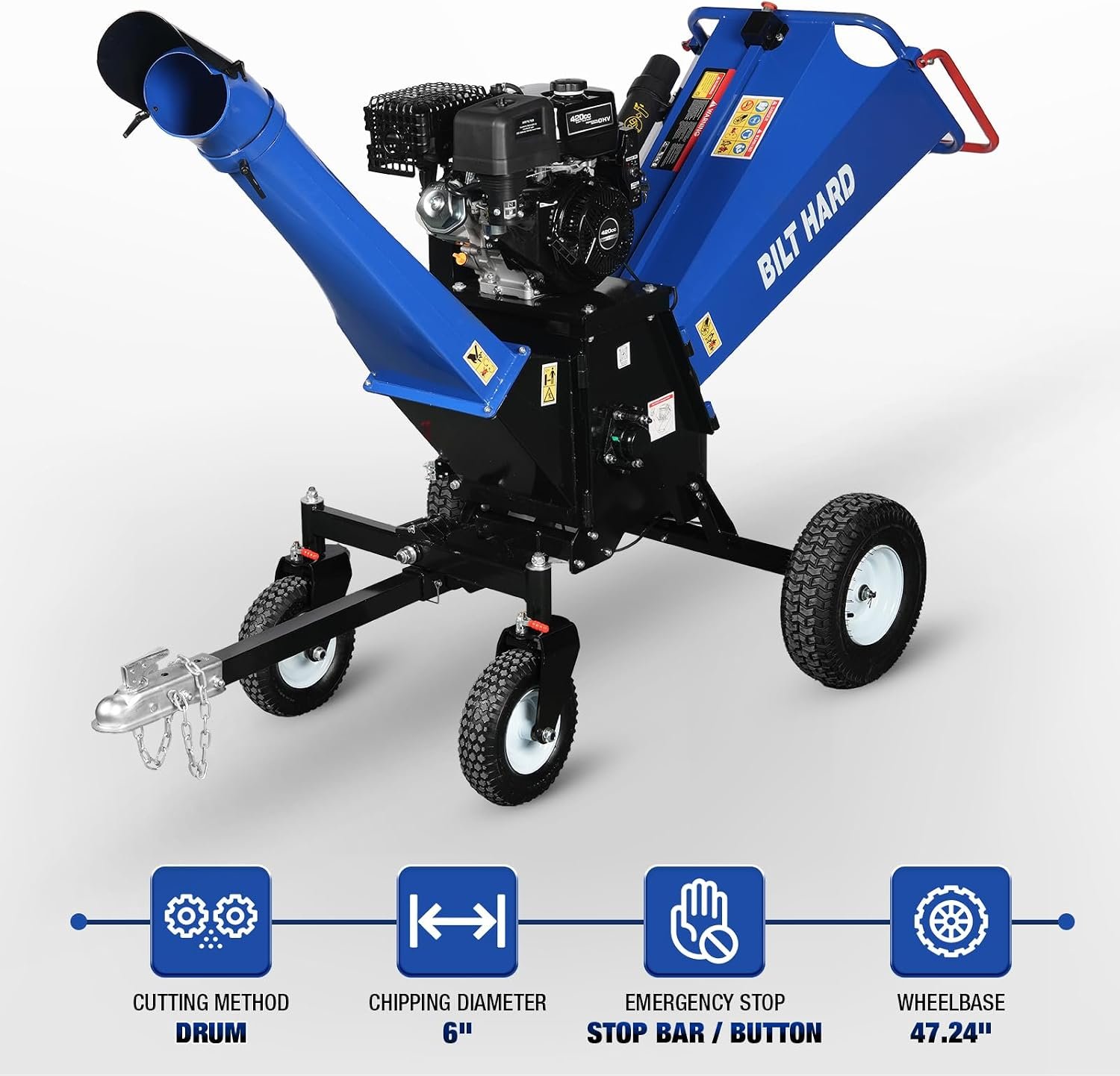 BILT HARD 6 Inch Gas Powered Wood Chipper with 420cc 15HP E-Start Engine, Towable Chipper Shredder Mulcher with 4 Wheels, Tow Bar, Dual Emergency Stop System - Image 2