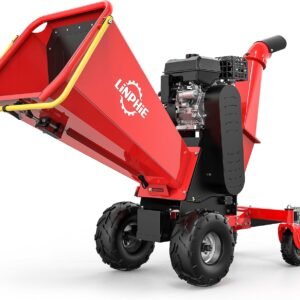 Wood Chipper 420cc Gas Powered Engine Wood Chipper Shredder Mulcher with E-Strat 4Wheels Towbar Tail Light Emergency Stop Switch (6.01'' Red)