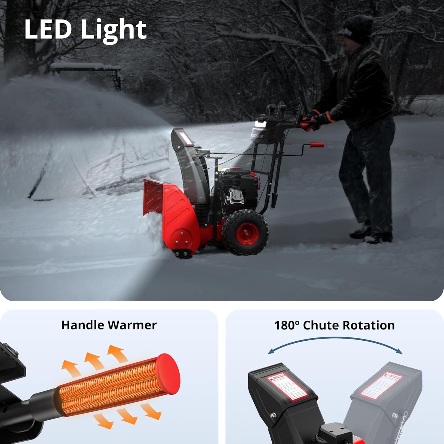 PowerSmart HB7109A 24" Two-Stage Self-Propelled Gas Snow Blower – 208cc Briggs & Stratton Engine, Electric Start, Heated Handles & LED Lights - Image 6