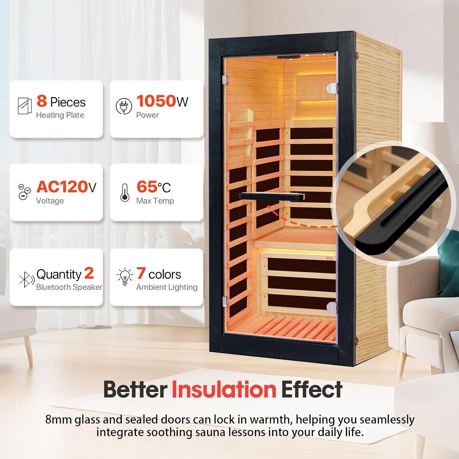 OUTEXER Sauna One Person Far Infrared Saunas Room Chilean Pine Wood 1050W - Image 5