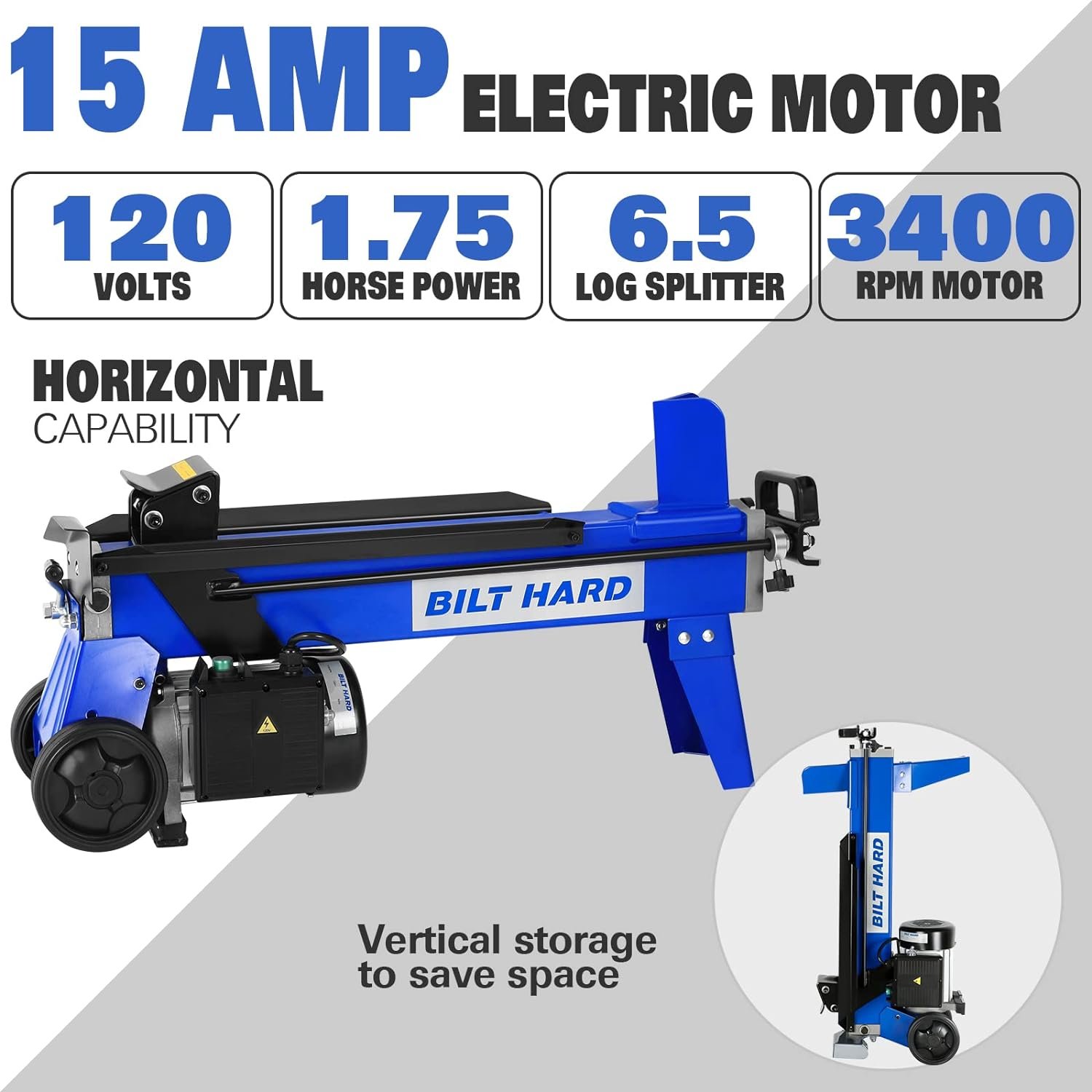 BILT HARD 6.5 Ton Electric Log Splitter with Stand - 15 Amp Motor Wood Splitter with Hydraulic Ram, Electric Firewood Splitting Machine Firewood Processing, Home Heating, and Yard Maintenance - Image 2