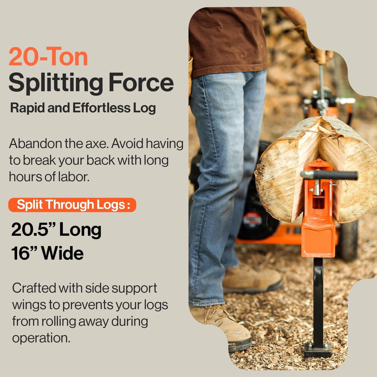 SuperHandy Log Splitter Portable 20 Ton Rapid Auto Return Ram System Bucher Gear Pump 7HP Engine Horizontal Full Beam Steel Wedge Firewood Splitting Forestry Harvesting - Image 2