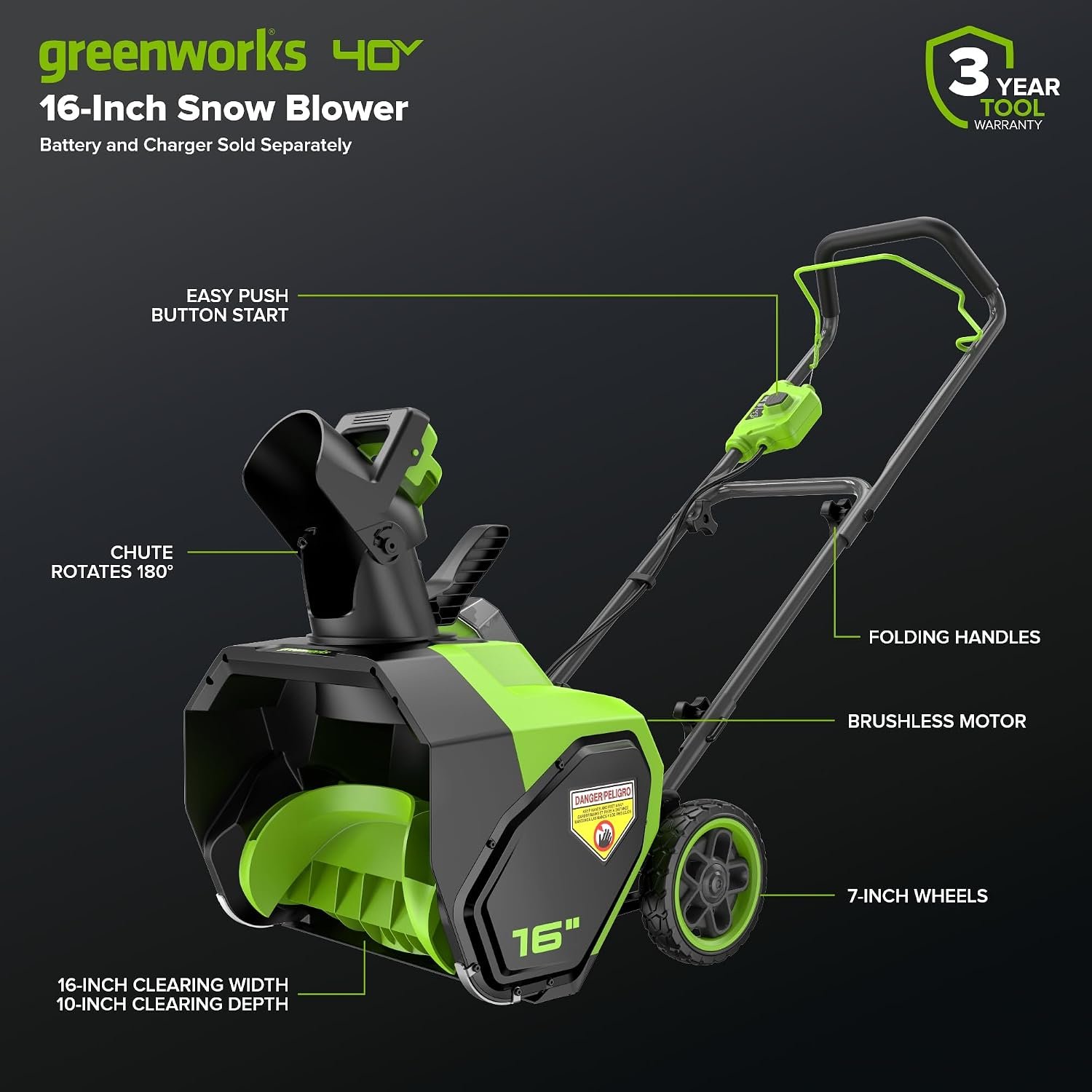 Greenworks 40V 16" Gen2 Cordless Single-Stage Snow Blower – Tool Only, Battery & Charger Not Included - Image 2