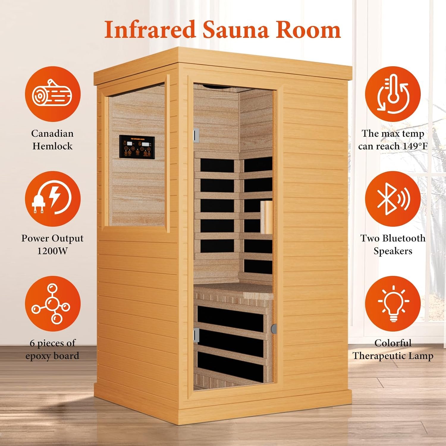 OUTEXER Far Infrared Sauna Home Sauna Spa Room Canadian Hemlock Wood 1200W - Image 3