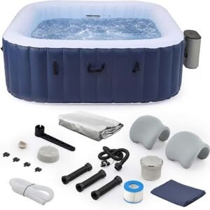 EZLIFE 6-Person Inflatable Hot Tub Spa with LED Light Strip | 130 Air Jets, 1,350W Heater, 252-Gallon Square Spa with Cover & Plug-and-Play 120V Setup