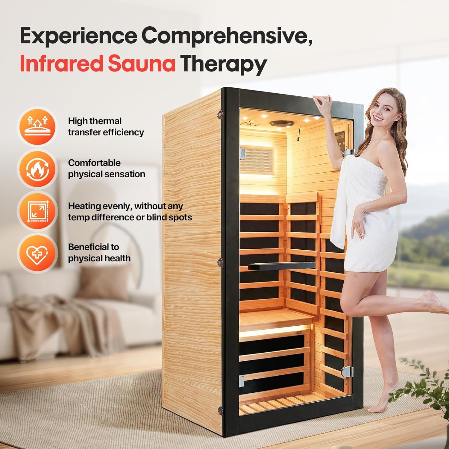 OUTEXER Sauna One Person Far Infrared Saunas Room Chilean Pine Wood 1050W - Image 2