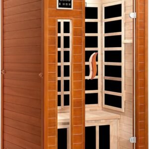 X-Vcak 1-2 Person Infrared Sauna, Dry Heat Sauna with Red Light Therapy, Bluetooth, Radio, 7-Color Therapy Light for Home, Indoor, Gym, Wellness Center, 40″ x 36″ x 73″, Brown