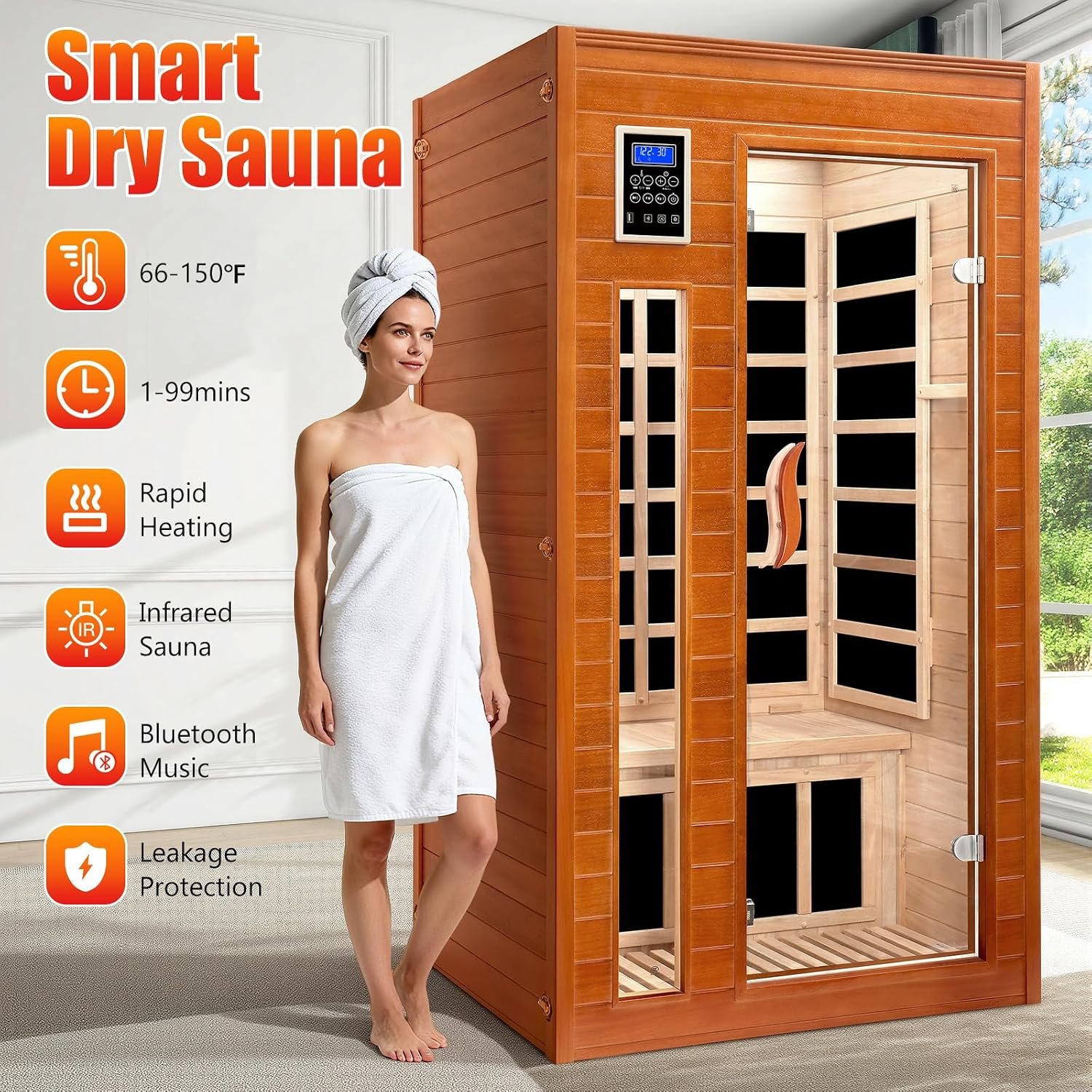 X-Vcak 1-2 Person Infrared Sauna, Dry Heat Sauna with Red Light Therapy, Bluetooth, Radio, 7-Color Therapy Light for Home, Indoor, Gym, Wellness Center, 40″ x 36″ x 73″, Brown - Image 2