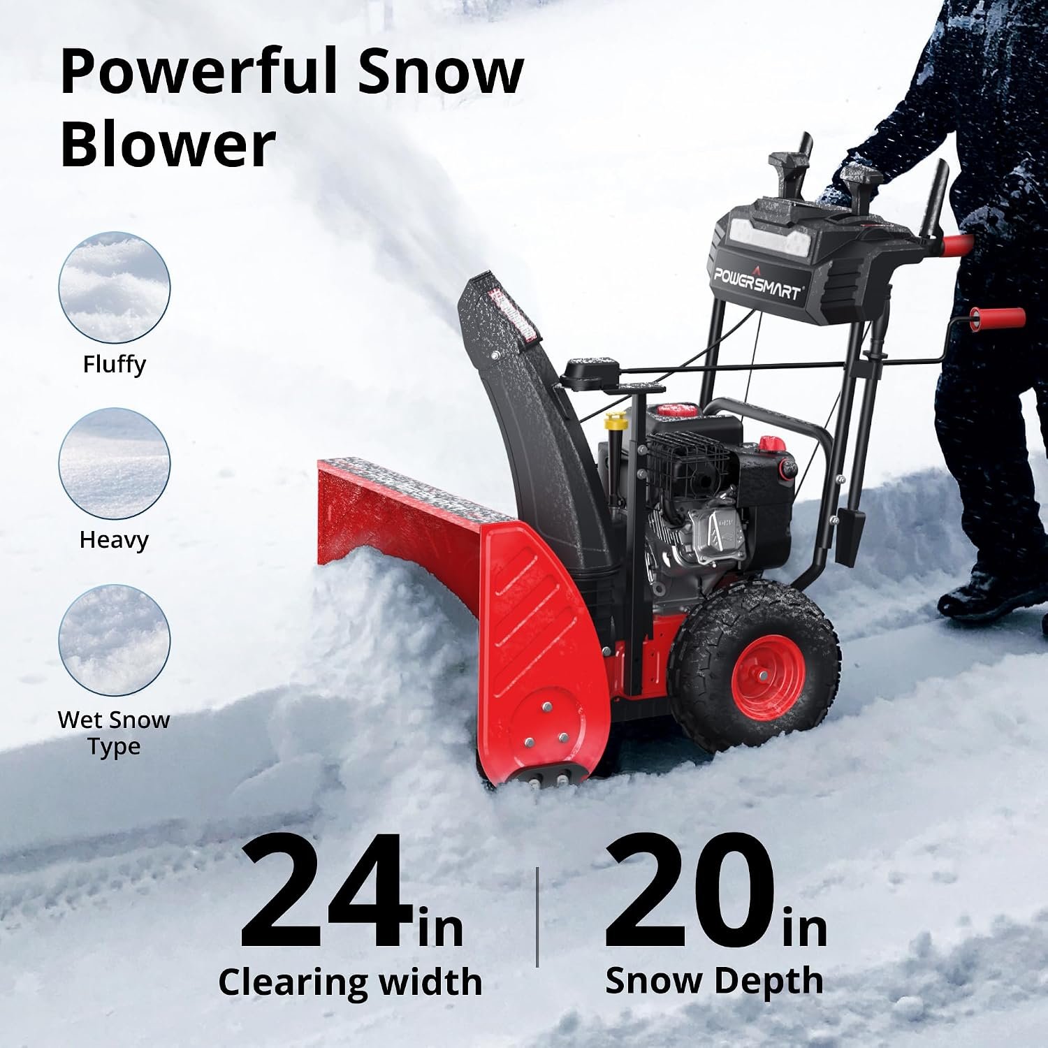PowerSmart HB7109A 24" Two-Stage Self-Propelled Gas Snow Blower – 208cc Briggs & Stratton Engine, Electric Start, Heated Handles & LED Lights - Image 2