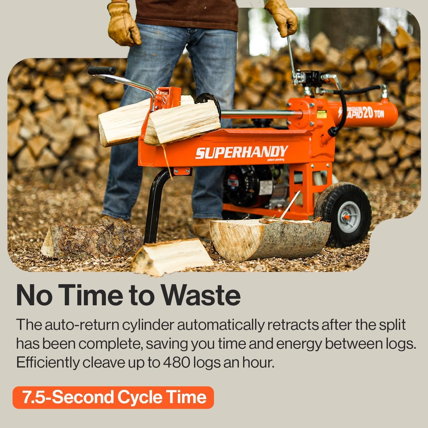 SuperHandy Log Splitter Portable 20 Ton Rapid Auto Return Ram System Bucher Gear Pump 7HP Engine Horizontal Full Beam Steel Wedge Firewood Splitting Forestry Harvesting - Image 4