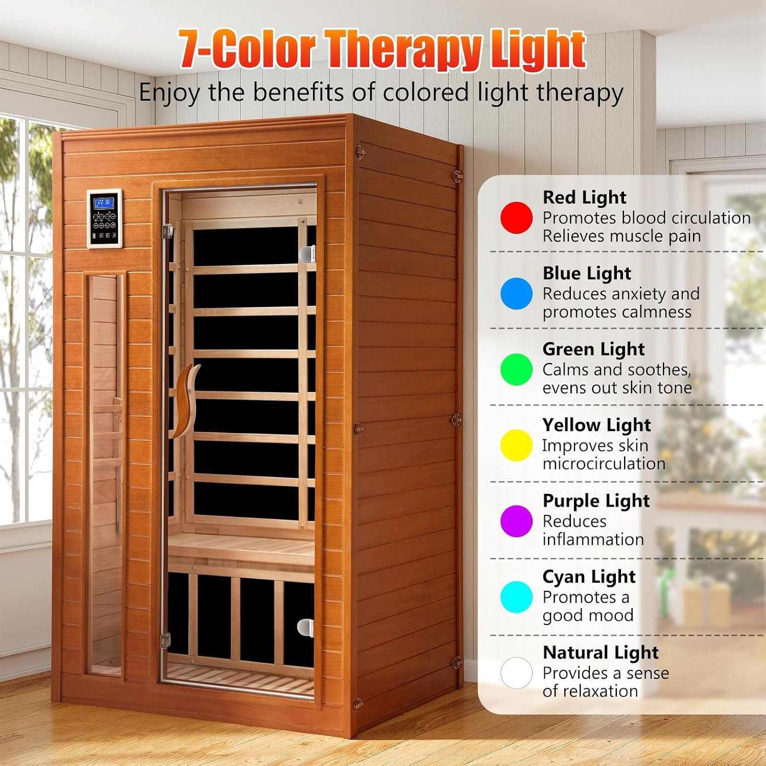 X-Vcak 1-2 Person Infrared Sauna, Dry Heat Sauna with Red Light Therapy, Bluetooth, Radio, 7-Color Therapy Light for Home, Indoor, Gym, Wellness Center, 40″ x 36″ x 73″, Brown - Image 5