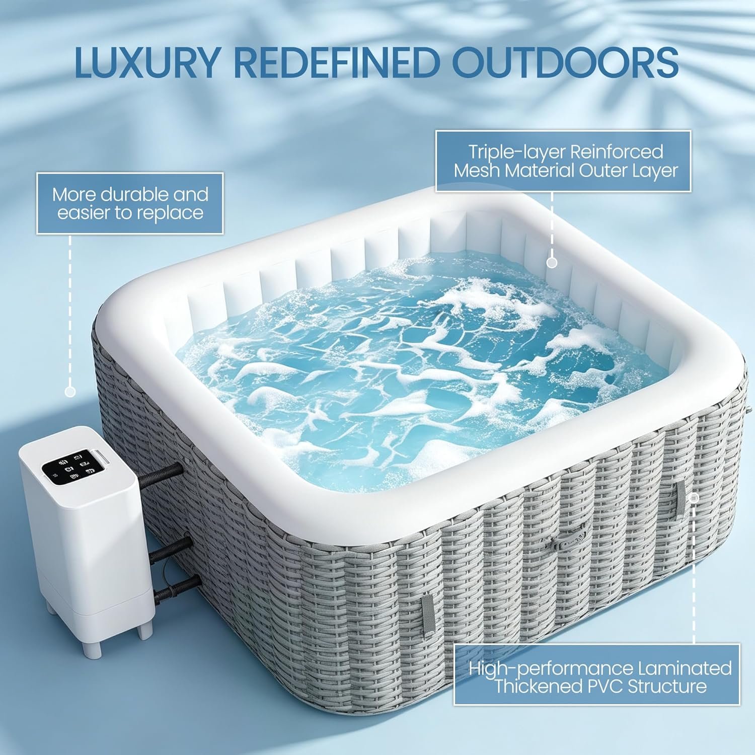 UHOMEPRO Inflatable Hot Tub Spa Set, Outdoor Bubble Massage 73" Square Portable Hot Tubs, 4-6 Person Outdoor Hot Tub with External Heater Pump, 130 Soothing Jets, 6 Filter Cartridges - Image 3