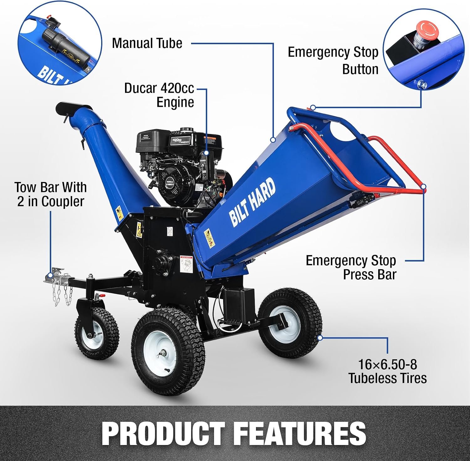 BILT HARD 6 Inch Gas Powered Wood Chipper with 420cc 15HP E-Start Engine, Towable Chipper Shredder Mulcher with 4 Wheels, Tow Bar, Dual Emergency Stop System - Image 7