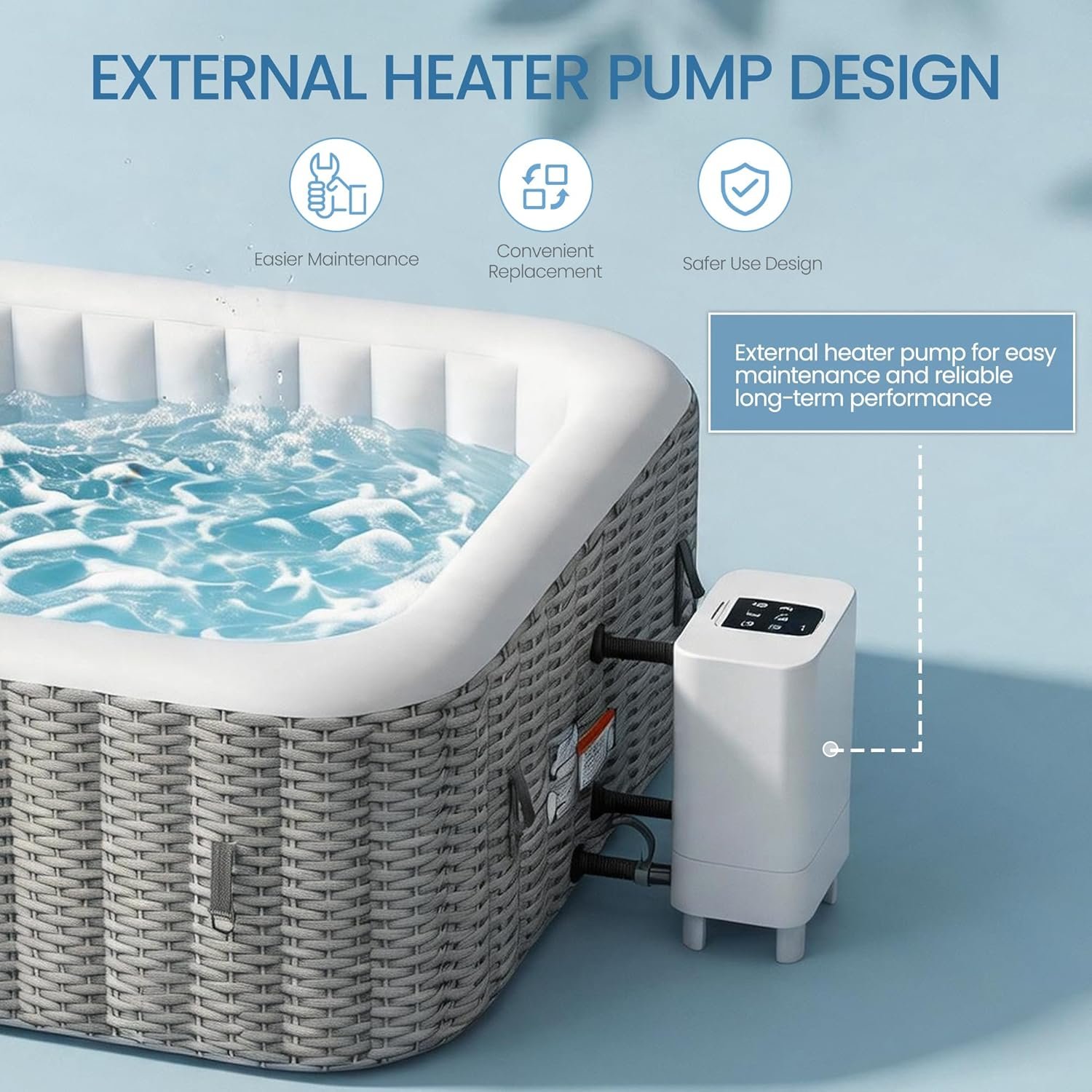 UHOMEPRO Inflatable Hot Tub Spa Set, Outdoor Bubble Massage 73" Square Portable Hot Tubs, 4-6 Person Outdoor Hot Tub with External Heater Pump, 130 Soothing Jets, 6 Filter Cartridges - Image 6