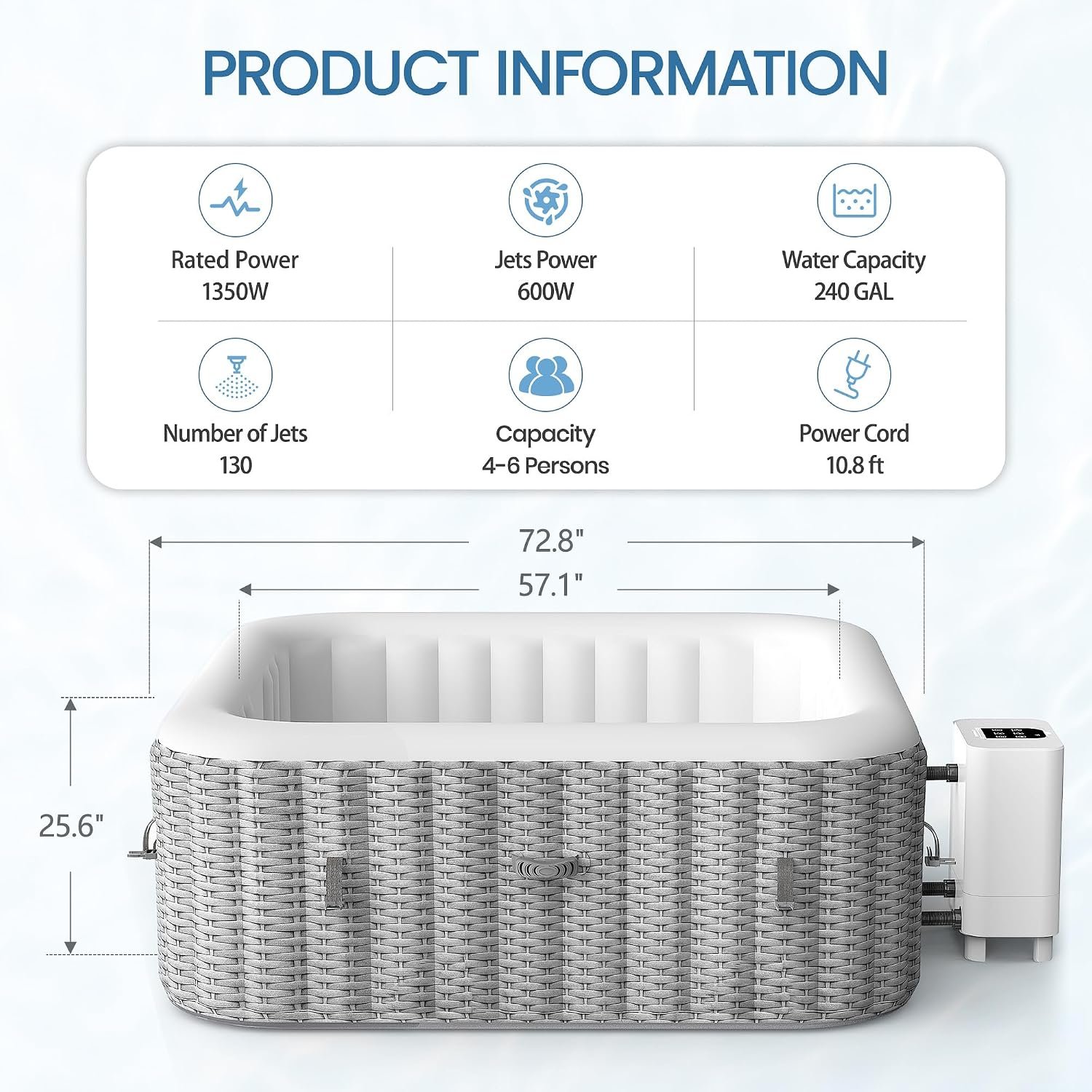 UHOMEPRO Inflatable Hot Tub Spa Set, Outdoor Bubble Massage 73" Square Portable Hot Tubs, 4-6 Person Outdoor Hot Tub with External Heater Pump, 130 Soothing Jets, 6 Filter Cartridges - Image 7