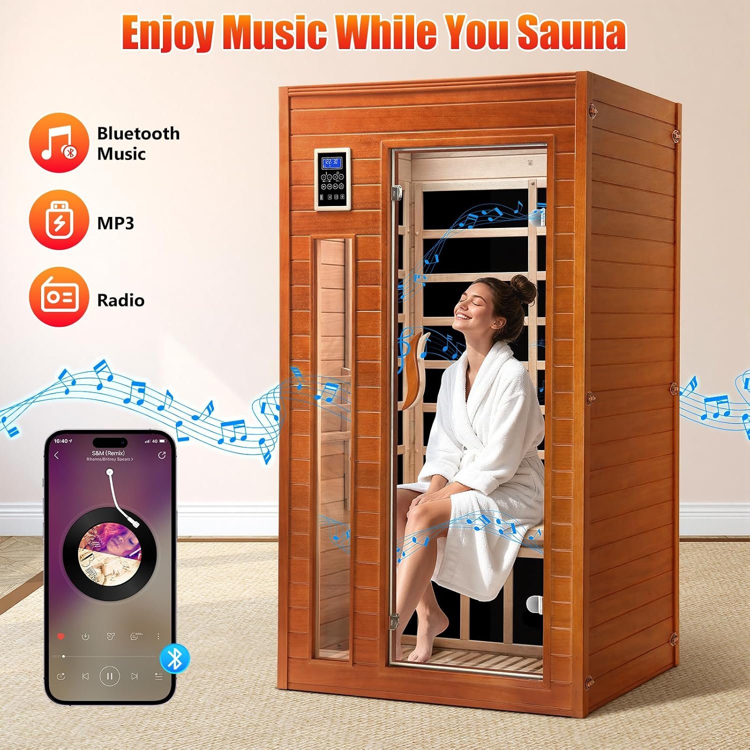 X-Vcak 1-2 Person Infrared Sauna, Dry Heat Sauna with Red Light Therapy, Bluetooth, Radio, 7-Color Therapy Light for Home, Indoor, Gym, Wellness Center, 40″ x 36″ x 73″, Brown - Image 9