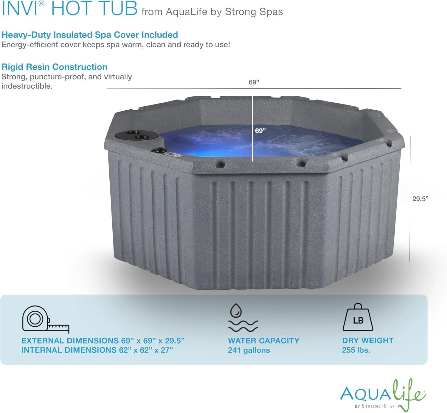 Aqualife by Strong Spas Invi 5 Person Rigid Resin Hot Tub Spa, 11 Jets, 2BHP 2-Speed Pump, Stainless Steel Heater, 120V Plug & Play, Full Foam Insulation, 4 Season Outdoor, LED, Cover and Filter - Image 4