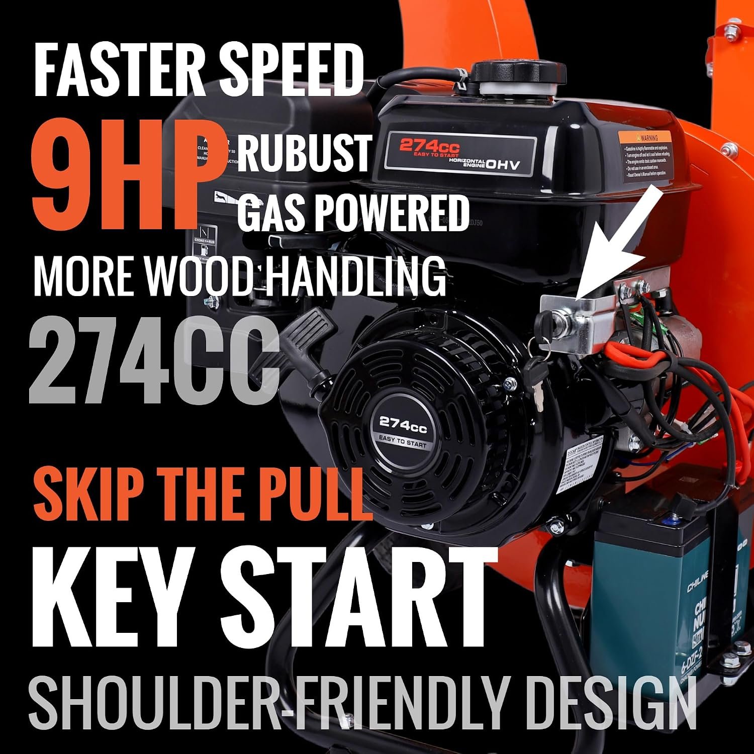 C40E 4" Wood Chipper, Easy Key Start, 9HP 274cc Gas Powered Engine, 4 inch Max Branch Capacity, Heavy Duty Shredder Mulcher with Electric Start - Image 2