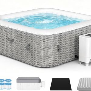 UHOMEPRO Inflatable Hot Tub Spa Set, Outdoor Bubble Massage 73" Square Portable Hot Tubs, 4-6 Person Outdoor Hot Tub with External Heater Pump, 130 Soothing Jets, 6 Filter Cartridges
